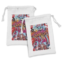 Ambesonne Graphic Fabric Pouch Set of 2, Hip Hop Street Culture Harlem New York City Wall Graffiti Art Spray Artwork Image, Small Drawstring Bag for Toiletries Masks and Favors, 9" x 6", Multicolor