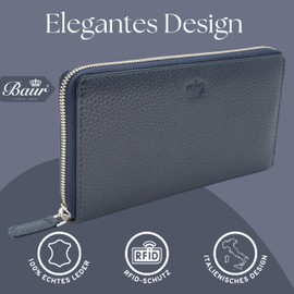 Baur - Women's Genuine Leather Wallet (Silver Zip, Dark Blue)