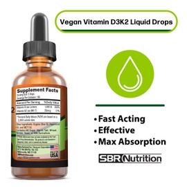 SBR Nutrition Vegan Vitamin D3 + K2 (MK-7) Liquid Drops with MCT Oil, Peppermint Flavor, Helps Support Strong Bones and Healthy Heart