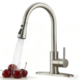 Kitchen Faucet with Pull Down Sprayer, Modern Single Handle Pull Out Brushed Nickel Kitchen Sink Faucet, High-Arc Pullout Faucets for RV Laundry Utility Sinks with Deck Plate, VALQYT061L-D