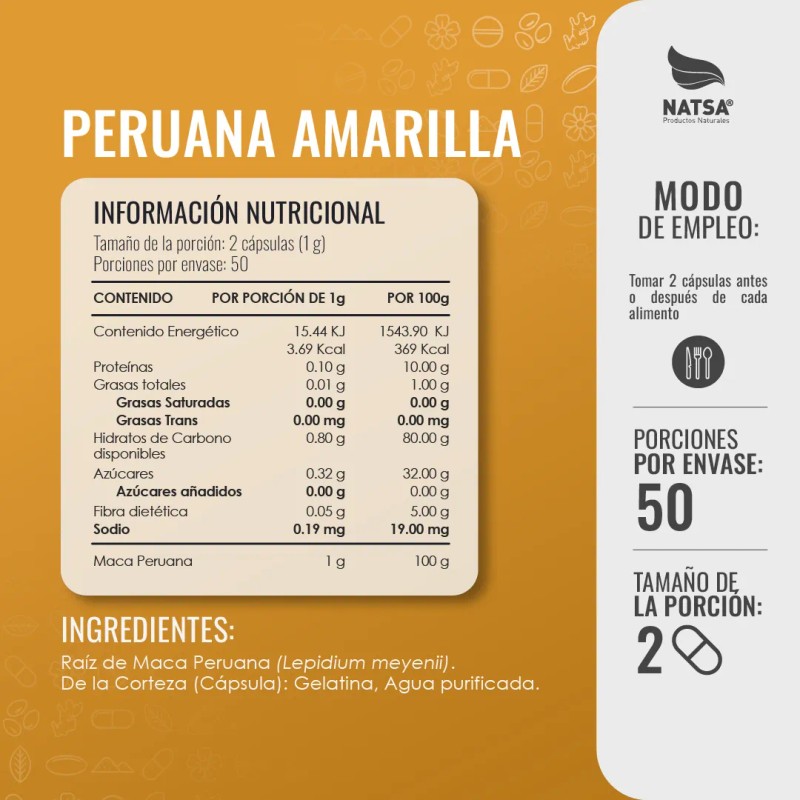 Maca Amarilla 100 Cápsulas, Calidad Premium Sabor Natural