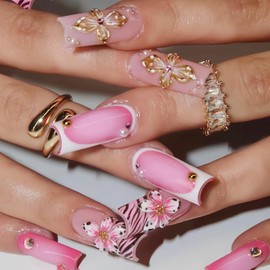 Long Coffin Press-On Nails with Jelly Glue – 24pcs Pink Leopard Flowers 3D Glitter Striped Tips, Acrylic False Set for Women, DIY Nail Art Stick-Ons