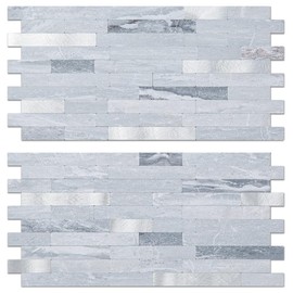 AULIGET 20 Sheets Faux Stone Peel and Stick Backsplash, Light Grey Marble Look PVC Mixed Metal Wall Tiles Stick on Backsplash for Kitchen