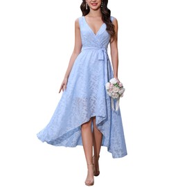 Mikethon Women's Elegant Wedding Guest Dress Jacquard Midi Length Sleeveless A Line High Low Formal Summer Dress with Belt Blue M