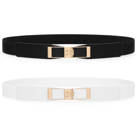 WHIPPY 2 Pack Women Skinny Elastic Belts Ladies Thin Stretch Waist Belt with Gold Buckle for Dresses Suits, Black+White, XL