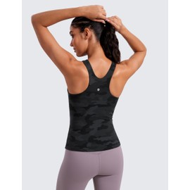 CRZ YOGA Butterluxe Womens Racerback Workout Tank Top with Built in Shelf Bra - Padded High Neck Yoga Athletic Camisole Dark Grey Camouflage 2 X-Large