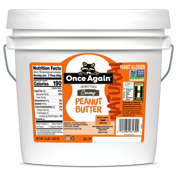 Once Again Natural, Creamy Peanut Butter, 9lb Bucket (same as 9 jars) - Lightly Salted, Unsweetened - Gluten Free Certified, Vegan, Kosher, Non-GMO Verified