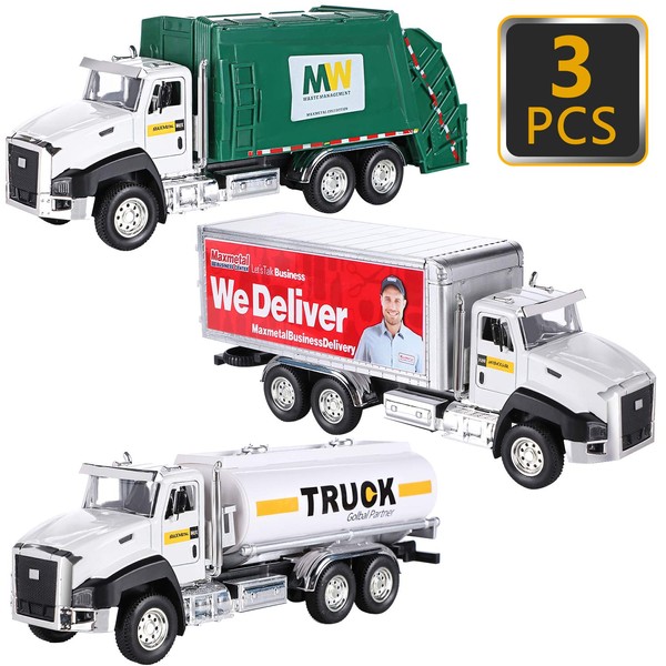 G.C 3 Pack Diecast Transport Vehicles Truck Toys Set Garbage Truck Tanker Delivery Truck 1:50 Scale Pull Back Metal Model Car Toys for Boys