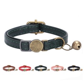 THAIN Cat Collar, Safety Buckle, Cat Collar, Includes Bell, Leather, Cute, Collar, Adjustable Size, Pack of 1 (Dark Green)