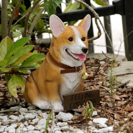 Charming 11.5 Inch Realistic Welsh Corgi Dog Statue with Reversible Sign Perfect for Indoor and Outdoor Pet Decor - Ideal for Home, Garden, Porch, and Patio Accent