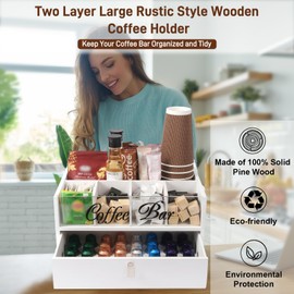 Intarsio 2-Tier Coffee Bar Organizer with Clear Acrylic Top, Built-in Drawer and Leather Handle Pull for Countertop, Stylish Coffee Station Storage Box for Accessories, Pods, Great Gifts for Home