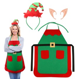 TGFIX Christmas Elf Apron Costume Elf Aprons Red Christmas Cooking Apron Christmas Gnome Kitchen Apron Costume with Elf Hat Headband Elf Ears Costume Party for Women Children Cosplay