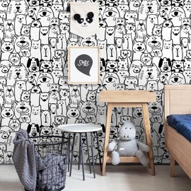 Ismoon Peel and Stick Wallpaper Black and White Contact Paper 17.3x118in Modern Dog Stick on Wallpaper Puppy Removable Self Adhesive Wall Paper for Kids Bedroom Vinyl Wall Decor