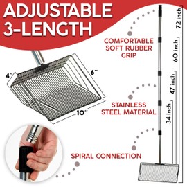 Granatan 10inch Large Metal Chicken Poop Scooper, 34 to 72'' Stainless Steel Adjustable Handle, 4 in 1 Poop Shovel for Chicken Coop Accessories, Metal Chicken Coop Cleaning Tools
