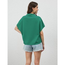 MISSACTIVER Women’s Casual Mock Neck Batwing Tee Top Short Sleeve Drop Shoulder Solid Color Baggy Tshirt Summer Outfits(Large,Green)