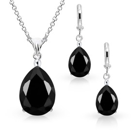 Crystalline Azuria Women 18K White Gold Plated Teardrops Black Zirconia Crystals Set Necklace 17.7 inches Dangle Earrings