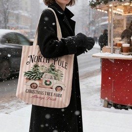 Vintage Christmas Truck Trees Tote Bag for Women,Pink Christmas Tree Farm Canvas Tote Bag,Xmas Pink Striped Winter Holiday Reusable Shopping Grocery Bags