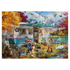 Fall Camping Puzzles for Adults 1000 Pieces, Autumn RV Lake Jigsaw Puzzles, Dog Car Bird Puzzles