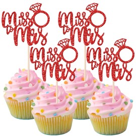 36 piezas de decoración de magdalenas de Miss to Mrs. Anillo de diamantes con purpurina, para decoración de tartas de despedida de soltera, para bodas, cumpleaños, aniversario, fiesta, suministros de color rojo