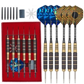 Darts Metal Steel Tip Kit - 6-Pack 25g Professional Darts in Deluxe Box with Aluminum Shafts, Dart Sharpener, and Brass Dart Case