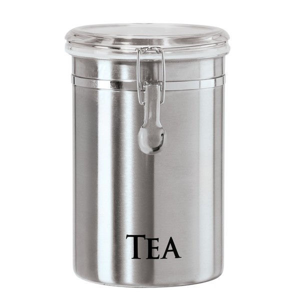 OGGI Stainless Steel Tea Canister 62oz - Airtight Clamp Lid, Clear See-Thru Top - Ideal for Tea Bag Storage, Loose Tea Storage, Kitchen Storage, Pantry Storage. Large Size 5" x 7.5".