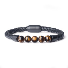 COAI Leather Beaded Tiger Eye Stone Bracelet for Men Women