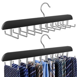 Cycleacc Tie Rack Hanger for Closet, 2 in 1 Belt Tie Hangers with 20 Folding Hooks, 360 Degree Rotating Wooden Tie Holder Organizer for Men Ties Belts Scarves Tank Tops Accessories, Black (2 Pack)