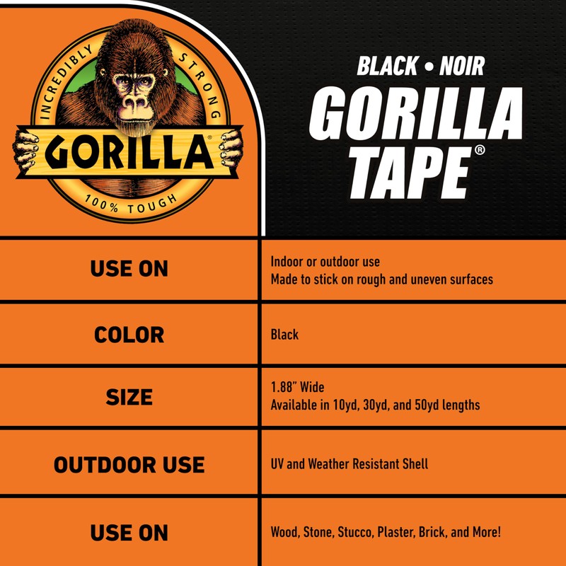 Gorilla Gorilla Duct Tape, Black Tape, 1.88" x 35 yd