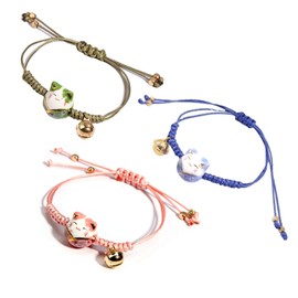 Lucky 3Pcs Cat Maneki Neko Bracelet Set Adjustable Cute Bell Ceramic Bead Braided Rope String Bracelet for Women Wealth Fortune Good Luck Jewelry Birthday Gift-A green bell