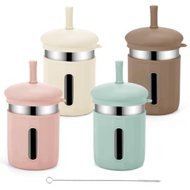 EsOfficce Stainless Steel Kids Cups, 12.51 oz Toddler Tumbler with Straws and Lids, Spill-Proof Baby Smoothie Cups with Silicone Sleeve, Versatile 2-in-1 Drinking Snack Cups for Kids, 4 Colors B