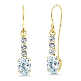 Gem Stone King 10K Yellow Gold Sky Blue Aquamarine and White Topaz Drop Dangle Earrings For Women (1.10 Cttw, Gemstone March Birthstone, Oval 6X4MM)
