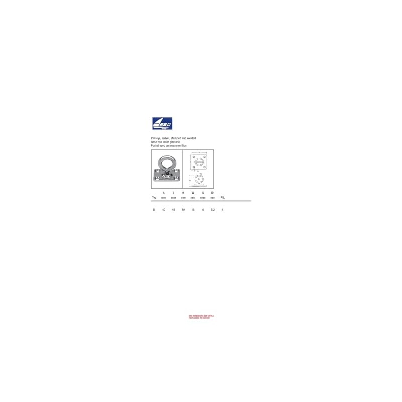 Eye Plate with Swivel Stainless Steel A4-AISI316-40 x 40 ARBO-INOX