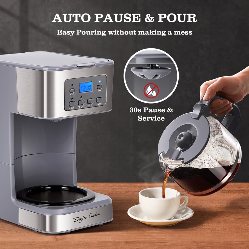 Taylor Swoden 12-Cup Programmable Coffee Maker, Regular & Strong Brew