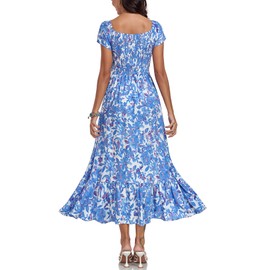 2024 Summer Short Sleeve Floral Smocked Midi Dresses Casual Floral Square Neck Tiered Bohemian Wedding Guest Party Dresses