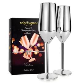 FOOLS ALIBAI 2 Pack Stainless Steel Champagne Glasses, 8oz Stemmed Unbreakable Champagne Glasses, Elegant Stainless Steel Champagne Flutes Wedding Glasses for Bride and Groom (Sliver)