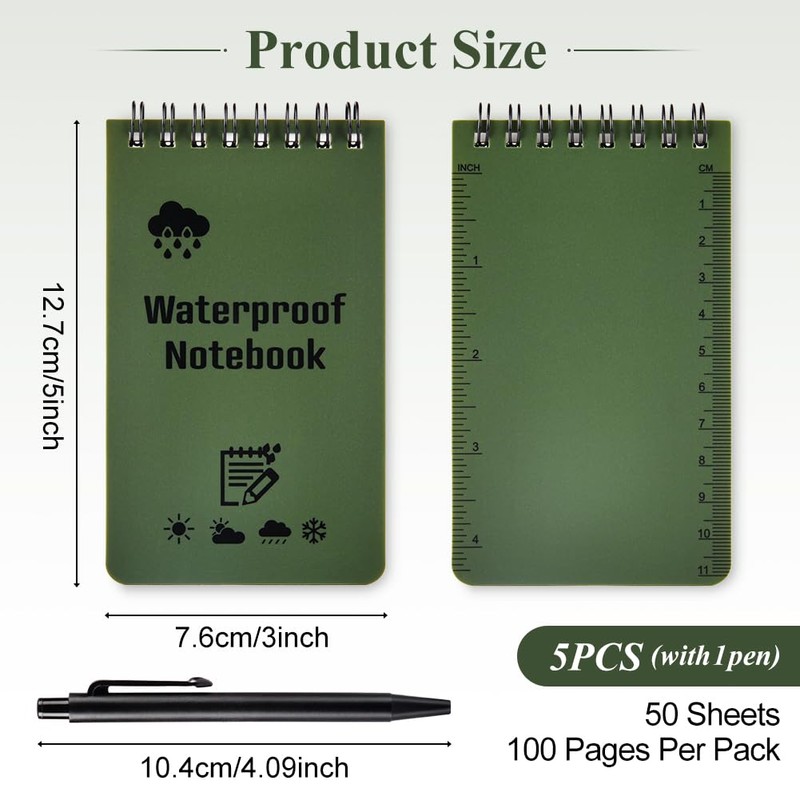 OSDUE Waterproof Paper Pocket Notebook 5 Pack (with a pen),