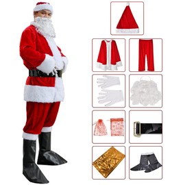 KLLOUZE Christmas Santa Claus Suit, Adult Men's Santa Costume, Xmas Classic Flannel Cosplay Clothes, Santa Fancy Suits Outfit