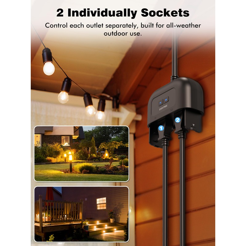 EIGHTREE Outdoor Smart Plug Waterproof IP44, Smart Outlet Plug with