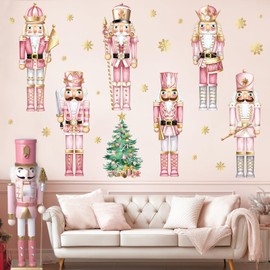 decalmile Christmas Pink Nutcrackers Window Wall Decals Christmas Trees Nutcracker Snowflakes Wall Stickers Living Room Childrens Room Christmas Party Window Wall Decorations
