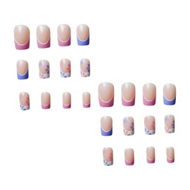 Summer Press on Nails Medium Coffin Fake Nails with Colorful Flower Purple Designs Artificial Nails Simple Nature Pink French Tip Acrylic Nails for Women Girls Nail Supplies 24PCS