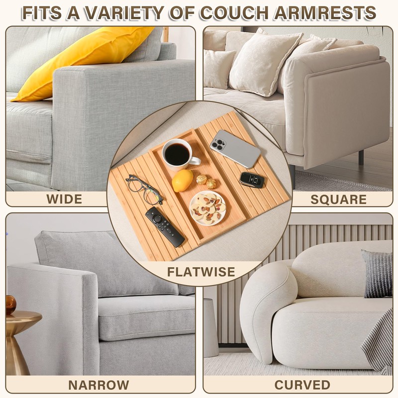 YUBAMIN Bamboo Sofa Arm Tray, Anti-Dropping Couch Arm Tray, Foldable