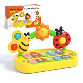 Musical Piano Toy for Kids, Educational Learning Keyboard with Bee, Ladybug and Flower Design, Light-up Electronic Fidget Toy for Ages 0+, Yellow