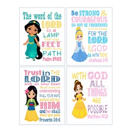 Princess Christian Nursery Decor Set of 4 Prints - Jasmine, Cinderella, Mulan and Belle with Bible Verses