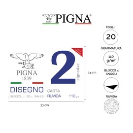 Pigna, Blocco da Disegno PignaDue con 4 angoli, Formato 24x33 cm., 20 Fogli da 110 g/m², Perfetto per Disegni e Schizzi, Carta Ruvida, confezione 1 pezzo