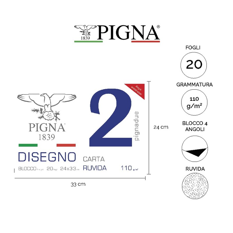Pigna, Blocco da Disegno PignaDue con 4 angoli, Formato 24x33
