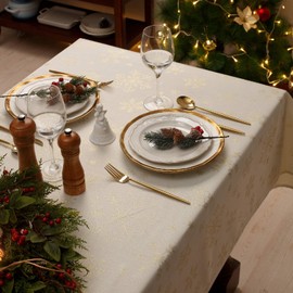 HARORBAY White Tablecloth for Rectangle Tables 60 x 84 Inch, Heavy Weight Soft Table Cloth for Dining Room Kitchen Party Winter Holiday, Cream Gold Heavy Weight Soft Table Cover (Crystal Serie)