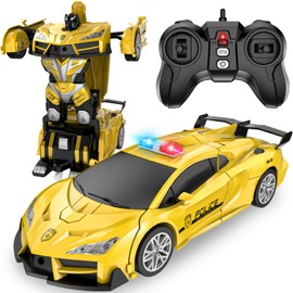 Febyhim Remote Control Car for Boys 4-7, 2.4GHz RC Car 1:18 Scale, One-Button Transforming Toy with 360° Spins, LED Lights（Yellow）