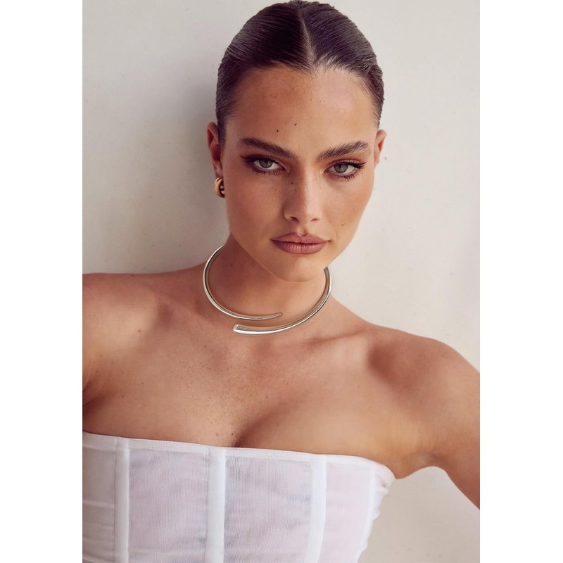 WOWORAMA Silver Chunky Cuff Choker Necklace for Women Teardrop Collar
