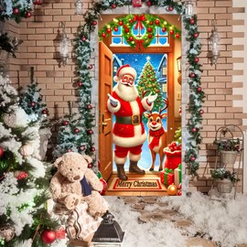 Christmas Door Cover Merry Christmas Door Decorations Cute Santa Claus Reindeer Door Cover Winter Xmas Backdrop Door Cover Party Outdoor Indoor Home Christmas Decorations 35 x 71 In