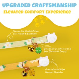 Viiotu 2 Pack Cotton Breakaway Cat Collars with Bells, Cute Pink Strawberry and White Heart Pendant,Adjustable 18-30cm Safety Comfy Breathable Collars for Kittens Cats (Yellow&Green, One Size)